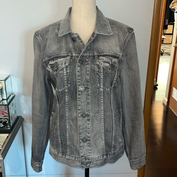 Allsaints “Galion” Grey Distressed Denim Jacket Corduroy Collar Medium. - Picture 1 of 12